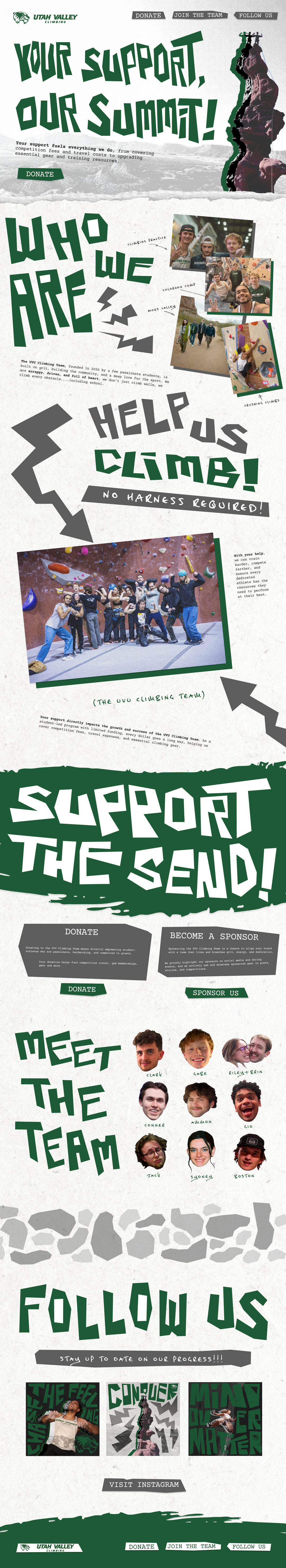 Utah Valley Climbing campaign poster with donation, sponsor, and join links